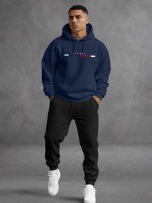 Unisex Paris Print Sweatshirt Set, Hoodie, Pants And Kangaroo Pocket Top - Navy Blue - View 1