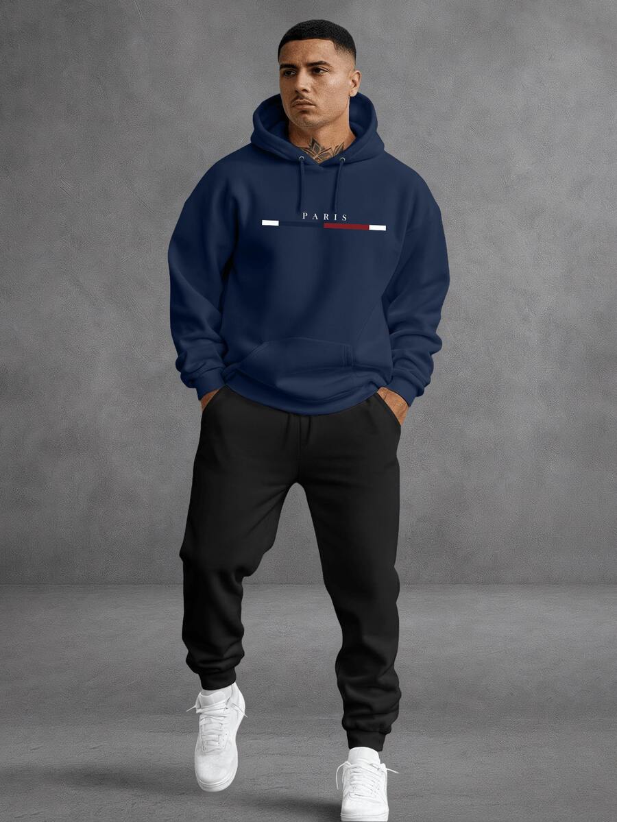 Unisex Paris Print Sweatshirt Set, Hoodie, Pants And Kangaroo Pocket Top - Navy Blue - View 1