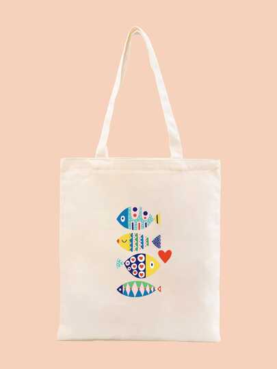 1pc Beige Cute Fish Print Shoulder Tote Bag, Versatile For School, Campus, Library, Shopping, Travel, Outdoor, Casual, Large Capacity Convenient Tote