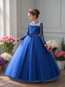 Tween Girls Long Sleeve Lace Beaded 3D Floral Mesh Elegant Piano Recital Dress, Suitable For Birthday Party, Ball, Excludes Headband - 寶藍色 - 查看 4