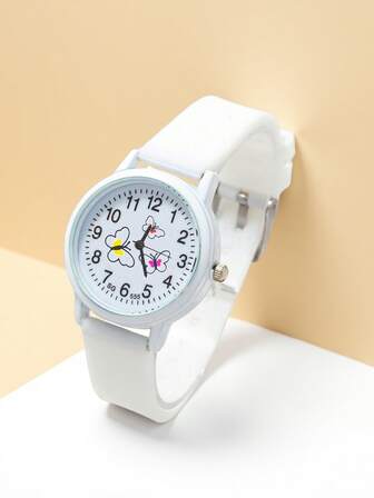 1pc Fashion White Butterfly Pattern Quartz Watch, TPU Strap, Battery Powered, Gift For Girls