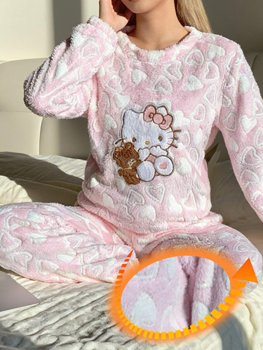 SANRIO 2件套卡通印花毛绒爱心舒适女士睡衣套装 - 粉色 - 查看 1