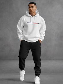 Unisex Paris Print Sweatshirt Set, Hoodie, Pants And Kangaroo Pocket Top - White - View 1
