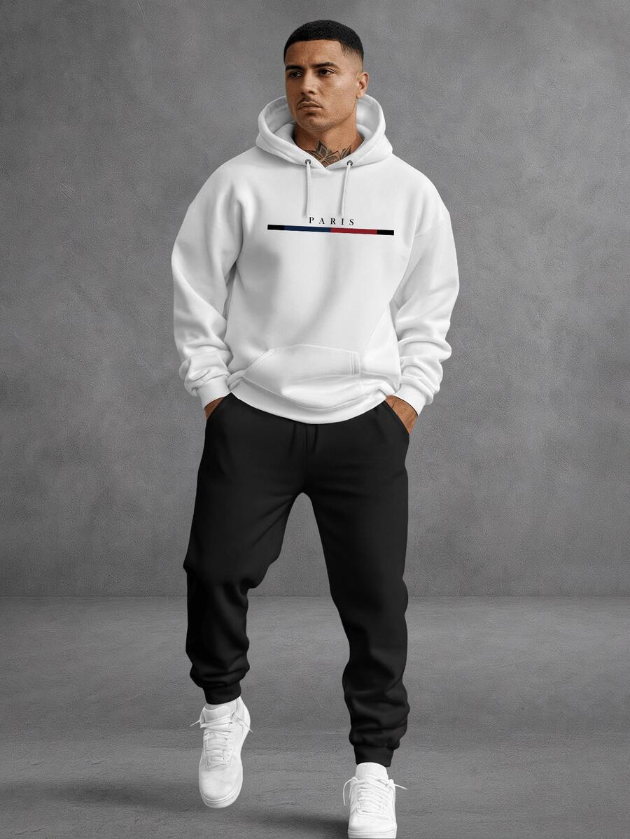 Unisex Paris Print Sweatshirt Set, Hoodie, Pants And Kangaroo Pocket Top - White - View 1