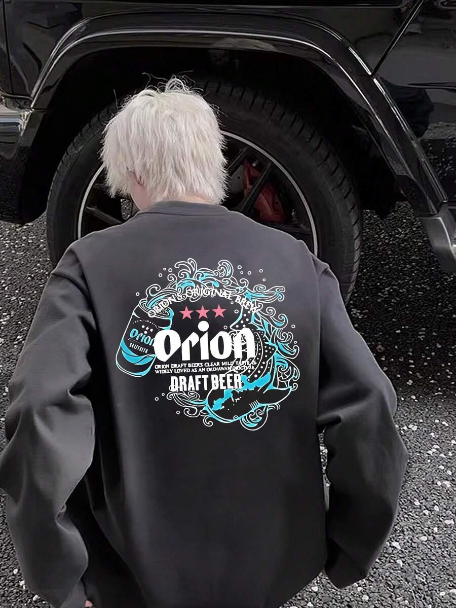 230g Cotton T-Shirt, New For 2025, Men's Long Sleeve Cotton Vacation Print Long Sleeve Crew Neck Couple Look - 深灰色 - 查看 1