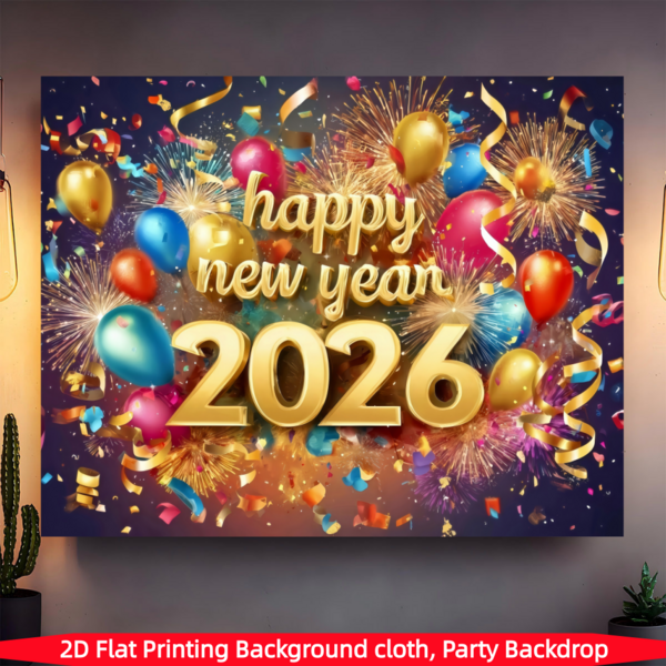 1 peça de fundo plano 2D para festa de Ano Novo de 2026 - design de fogos de artifício e balões dourados, com texto "Feliz 2026", pano de fundo de poliéster vívido, adequado para casamentos, decorações de Ano Novo, faixas de época, tecido de Feliz Ano Novo, faixas de Ano Novo, vários tamanhos