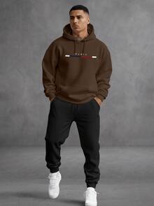 Unisex Paris Print Sweatshirt, Pants And Hooded Top With Kangaroo Pocket Set - Rust Brown - View 1