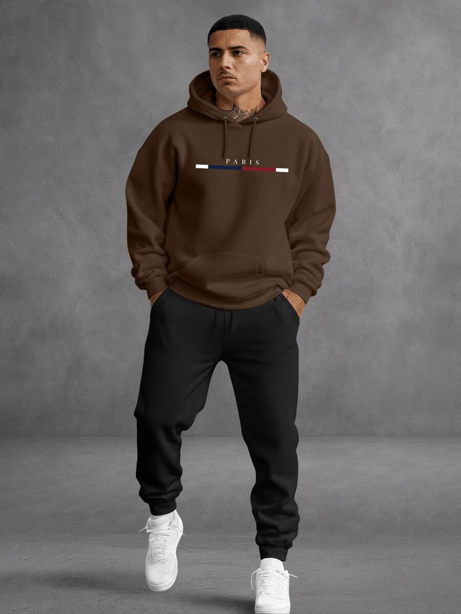 Unisex Paris Print Sweatshirt, Pants And Hooded Top With Kangaroo Pocket Set - Rust Brown - View 1