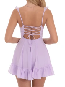 Women Y2k Graduation Mini Dress Ruffle Hem Lace Short Dress Flowy A Line Tie Back Dresses Teen Girl Party Clubwear - Màu tím - Xem 3