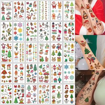 10pieces Christmas Stickers Tattoo Stickers, Colorful Colors And Patterns, Santa Claus, Elk Bells, Snowman And Other Element Stickers, Ideal Christmas Dress, Waterproof-Ideal For Creating Christmas Atmosphere Stickers.