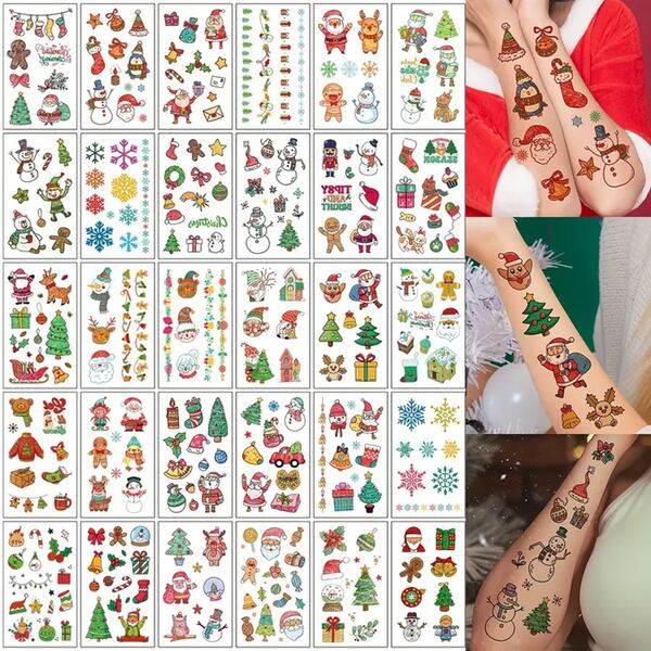 10pieces Christmas Stickers Tattoo Stickers, Colorful Colors And Patterns, Santa Claus, Elk Bells, Snowman And Other Element Stickers, Ideal Christmas Dress, Waterproof-Ideal For Creating Christmas Atmosphere Stickers.