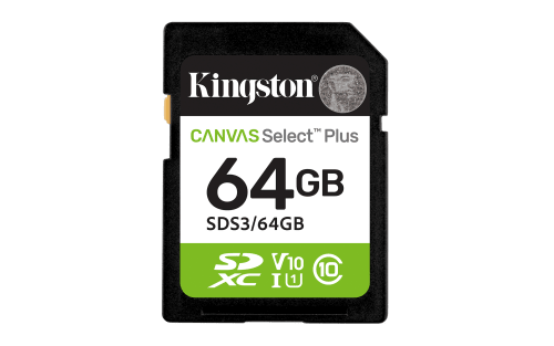 Kingston Technology 64 GB SDXC Canvas Select Plus Gen3 100 MB/s C10 UHS-I U1 V10