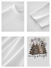 Camiseta masculina de manga corta con estampado navideño de árboles, copos de nieve y diseño moderno animal print, estilo casual y cómodo para fiestas y invierno - Blanco - Ver 4