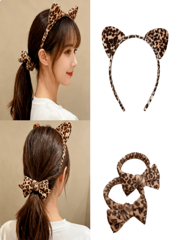 2 Sets (6 Pieces), Leopard Print Cat Ear Headband, Leopard Print Headband, Plush Headband, Bath Hair Tie, Leopard Print Hair Tie, Soft And Comfortable, Animal Print, Everyday Styling, Bath Hairband, Women's Hair Accessory, Fitness And Beauty Hair Accessory, Versatile Piece, Young Women, Fashion Enthusiasts, Cute Style, Personal Styling. The Perfect Gift For Friends And Ladies During Christmas And Valentine's Day.