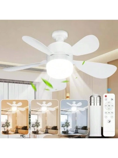 Luz de ventilador de enchufe 2 en 1 con control remoto, ventiladores de techo pequeños con luces, ventilador de bombilla led dimmable de 3 colores, 1000LM, fácil de instalar Base de tornillo E26 para dormitorio Cocina Garaje Sala de estar