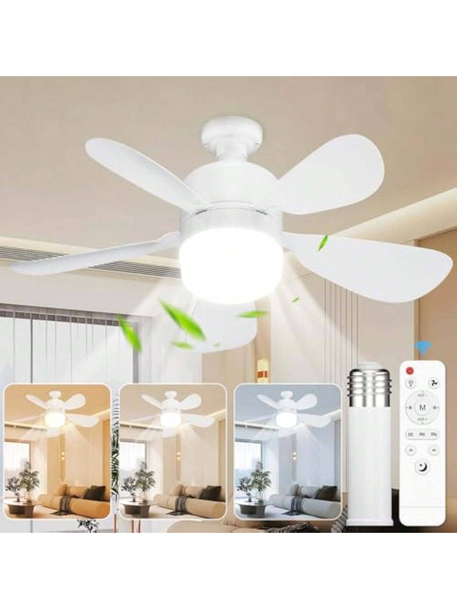 2-In-1 Plug-In Fan Light With Remote Control, Small Ceiling Fans With Lights, 3-Color Dimmable LED Bulb Fan, 1000LM, Easy To Install E26 Screw Base For Bedroom, Kitchen, Garage, Living Room - White - View 1
