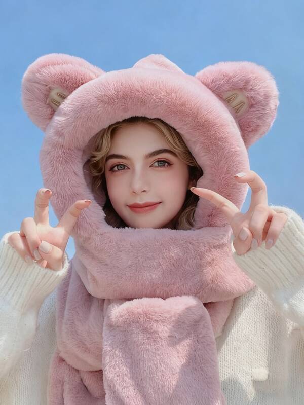 3 Pieces Set: Fuzzy Hat, Scarf, And Gloves, New Design, Warm And Fashionable, Suitable For Cold Weather, Windproof, Insulating, Soft And Comfortable, Petite Look, Sweet And Cute, Versatile, Ideal For Autumn/Winter