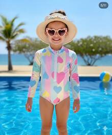 UV Protection Candy Color Magic Hearts Children's Swimsuit With Zipper - Nhiều màu - Xem 3