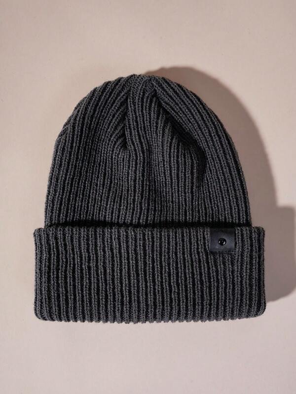 1pc Unisex Y2K Style Knit Beanie Hat With Leather Strap, Simple Design, Warm & Breathable, Versatile For Autumn/Winter Outdoor Wear Winter Head Warmer Winter Clothing