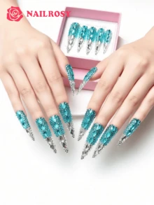 nailrosy 10Pcs Handmade Press On Nails Kit Long Stiletto Blue Bling Glitter Glistening Iridescent Luxurious Rhinestone Decor Acrylic Beach Essentials Nail Supplies Fake Nails Stickers (Random Packaging Card)3D Floral Manicure Y2K Cute For Girls And Women Festivals Parties And Daily Wear Gems Stuff French Gems Stuff - Blue - View 2