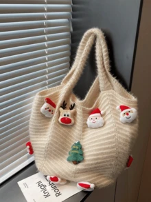 1pc, Versatile Fashion , High-Value Niche Design, Hand Bill Of Lading Shoulder Tote Bag, Contrast Knitted Fabric, Multi-Color Optional Large-Capacity Fan-Shaped Bag For Santa Claus Christmas Tree Deer Decoration, Suitable For Ladies' Daily Commuting And Shopping Occasions.