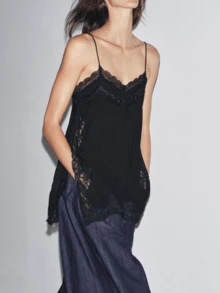 Women's Y2K Lace Trim Side Slit Cami Top Spaghetti Strap Casual  Blouse For Summer Daily Streetwear Date - 黑色 - 查看 6