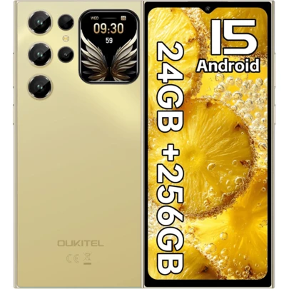  OUKITEL C62 Pro 安卓 15 系统无锁智能手机，24GB+256GB 存储空间，特价优惠，6.88 英寸 90Hz 前置屏幕和 1.81 英寸后置副屏，5150mAh 电池，13MP+5MP 双摄像头，支持指纹识别、面部识别、蓝牙 5.0 和 NFC。