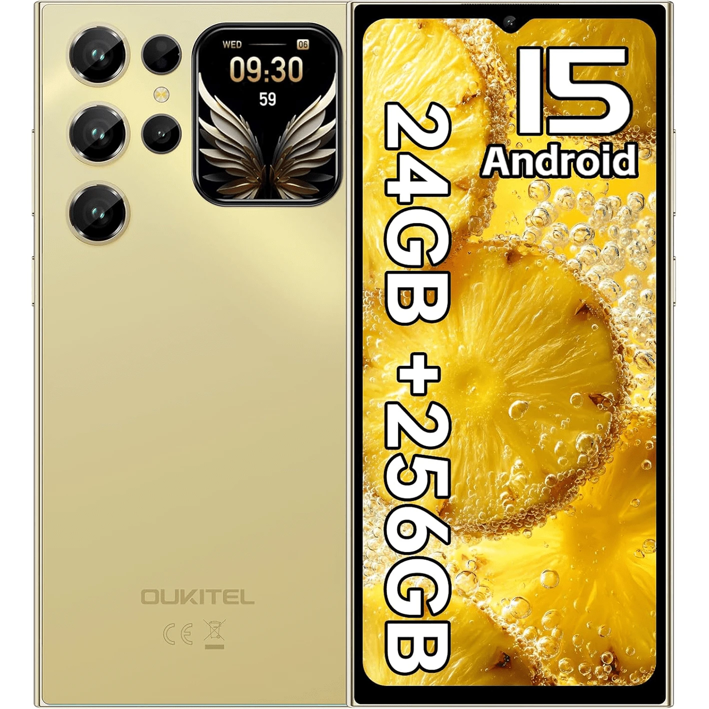 OUKITEL C62 Pro Android 15 无合约手机，24GB+256GB 超值价格，6.88 英寸 90Hz 显示屏，1.81 英寸后屏，5150mAh 智能手机 无合约，13MP+5MP/双卡/指纹/Face ID/BT5.0/NFC - 金色 - 查看 1