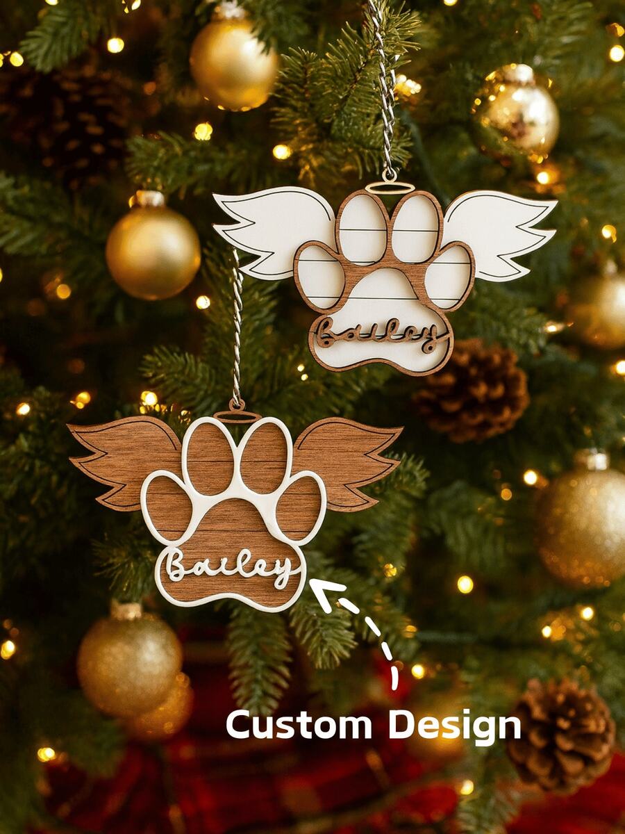 Enfeite personalizado em forma de pata de animal de estimação para amantes de pets, com nome gravado, em madeira, com design rústico de asas de anjo e formato redondo. Ideal para o Natal, aniversários e Dia da Lembrança do Animal de Estimação. - Branco - Ver 1