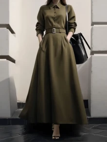 Elegant Solid Color Front Button Pocket Belted Long Dress