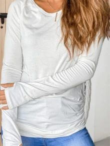 Fisoew Women's Long Sleeve Thumb Hole T Shirt Crew Neck Plain Design Casual Ruched Tee Top - trắng - Xem 4