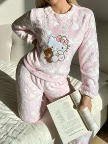 SANRIO 2件套卡通印花毛绒爱心舒适女士睡衣套装 - 粉色 - 查看 4