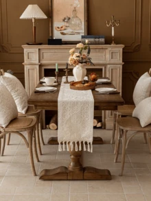 1 st rustik broderad bordslöpare med tofsar, dubbelt lager - perfekt för matdekor, höstdekor, rumsdekor