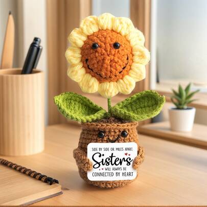 1pc Handmade Crochet Desktop Decor, Funny Smiling Sunflower Plant Shaped, Birthday Gift For Best Friend, Girlfriend, Sister, Teacher, Mom, Grandma, Coworker, Family, Positive Vibes, Party, Halloween, Christmas, Appreciation, Plush Doll, Small Gift