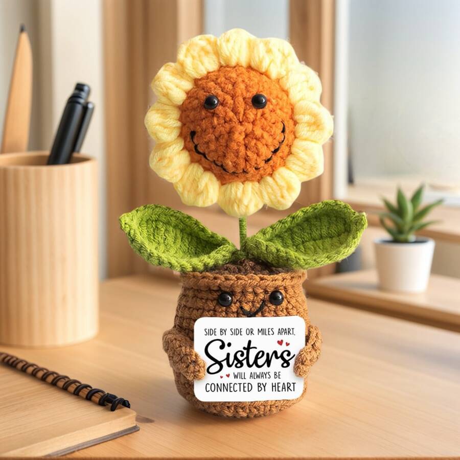 1pc Handmade Crochet Desktop Decor, Funny Smiling Sunflower Plant Shaped, Birthday Gift For Best Friend, Girlfriend, Sister, Teacher, Mom, Grandma, Coworker, Family, Positive Vibes, Party, Halloween, Christmas, Appreciation, Plush Doll, Small Gift
