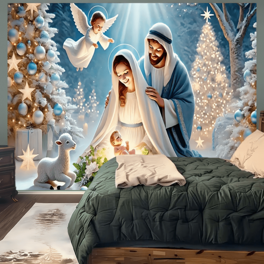 1 Stück 2D flache Weihnachtskrippen Hintergrundkulisse, Maria, Josef, Engel Weihnachts Hintergrund Banner, geeignet für Weihnachten, Hochzeit - Innen-/Außenbereich, Kirchendekoration, Feiertags-Wanddekoration, Weihnachtsdekorationen, Schlafzimmerdekoration, Weihnachtsgeschenk