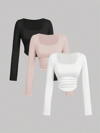 T-shirt à manches longues slim ajusté avec fronces, couleur unie, décontracté pour femmes, multicolore