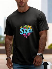 Camiseta de Cuello Redondo Suelta para Hombre, Manga Corta Impresa de Algodón Puro, Ajuste Slim, No Ajustada, para el Viaje Diario, Camiseta Vibrante - Negro - Ver 6