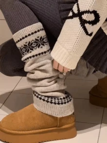 1双秋冬季白色/黑色/咖啡色/灰色/燕麦色韩式费尔岛雪花针织加厚保暖腿套，舒适 - 彩色 - 查看 15