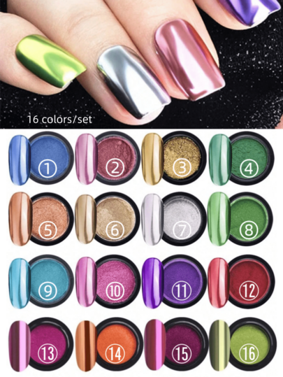 16 PCS/12 PCS Magic Mirror Chrome Nail Powder Holographic Laser Nail Powder Pigment, Shinny Glitter Nail Art Dust Nail Powder With Double Ended Eyeshadow Applicator For Manicure