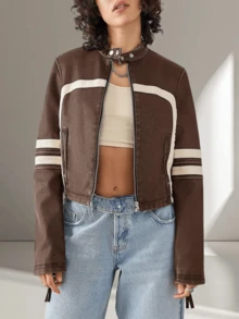 Women's Faux Leather Jackets Zip Up Stand Collar Cropped Viral Must-Have PU Coats Christmas Gift & New Year Gift - 棕色 - 查看 2