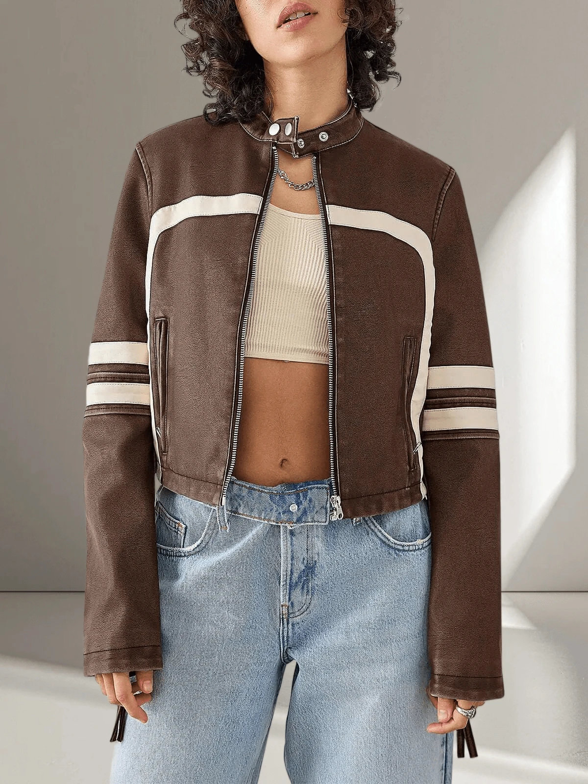 Women's Faux Leather Jackets Zip Up Stand Collar Cropped Viral Must-Have PU Coats Christmas Gift & New Year Gift - màu nâu - Xem 1