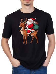 Camiseta masculina de manga corta con estampado navideño de reno y figura festiva, diseño alegre y cómodo para fiestas, ocasiones casuales y regalos especiales - Negro - Ver 6