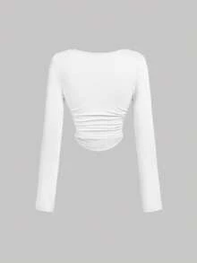 3pcs Women Pleated Casual Square Neck Long Sleeve T-Shirt Set, Warm Clothing, Autumn Womens Wear, Outerwear, Holiday Womens Outfit, New Year, White Top - Multicolor - View 6