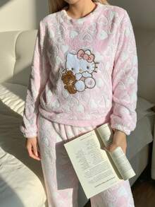 SANRIO 2件套卡通印花毛绒爱心舒适女士睡衣套装 - 粉色 - 查看 3