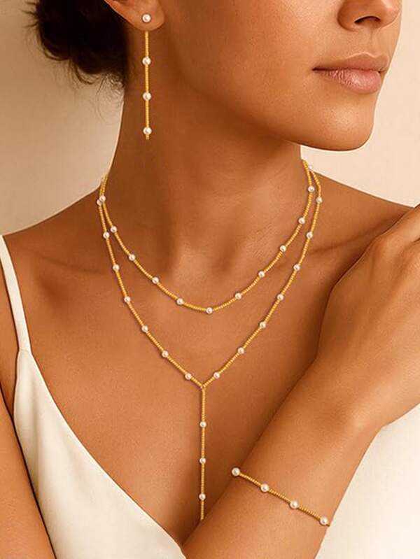 1 Stück elegantes Kunstperlen Halsketten, Armband und Ohrring Schmuckset, charmante weiße Kunstperlen Abstandskette doppellagige Y-förmige lange Halskette für Frauen, lässige und modische Kunstperlen Quasten Ohrringe für Mädchen, minimalistischer Stil weißes Kunstperlen Gold Armband für Frauen, reines und wunderschönes Hochzeitsparty Perlen Schmuckset für Frauen