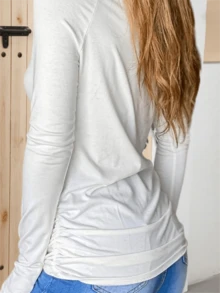Fisoew Women's Long Sleeve Thumb Hole T Shirt Crew Neck Plain Design Casual Ruched Tee Top - trắng - Xem 2