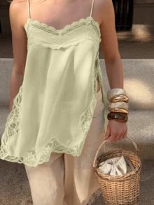 Women's Y2K Lace Trim Side Slit Cami Top Spaghetti Strap Casual  Blouse For Summer Daily Streetwear Date - Yellow - View 3