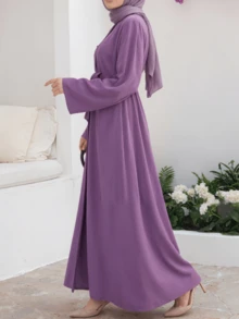 Herbstkleidung für Frauen, Halloween Abaya, elegantes, bescheidenes Kleid mit Knopfleiste, verhindert Leckage von Licht, Gürtel, lange Robe - Violett - Übersicht 6