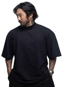 OVERSIZED HIGH NECK T-SHIRT/BASIC T-SHIRT/MEN'S T-SHIRT/100% COTTON T-SHIRT - 黑色的 - 查看 1